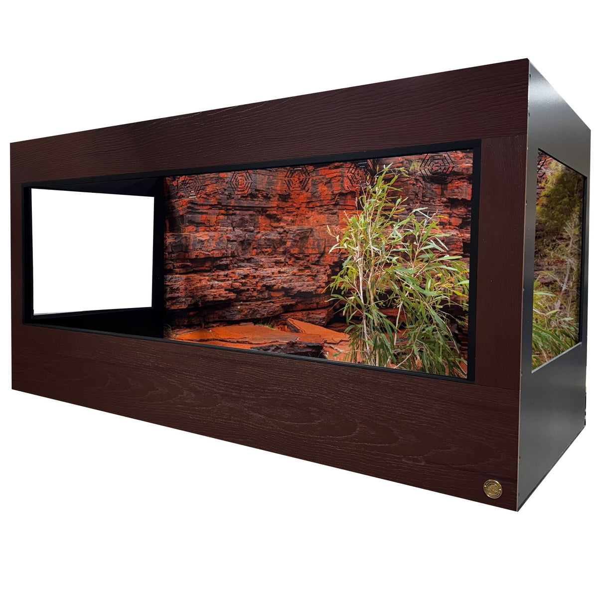 Toad Ranch enclosure featuring Mahogany front frame, black PVC body panels, lookout windows and a Destination Background.