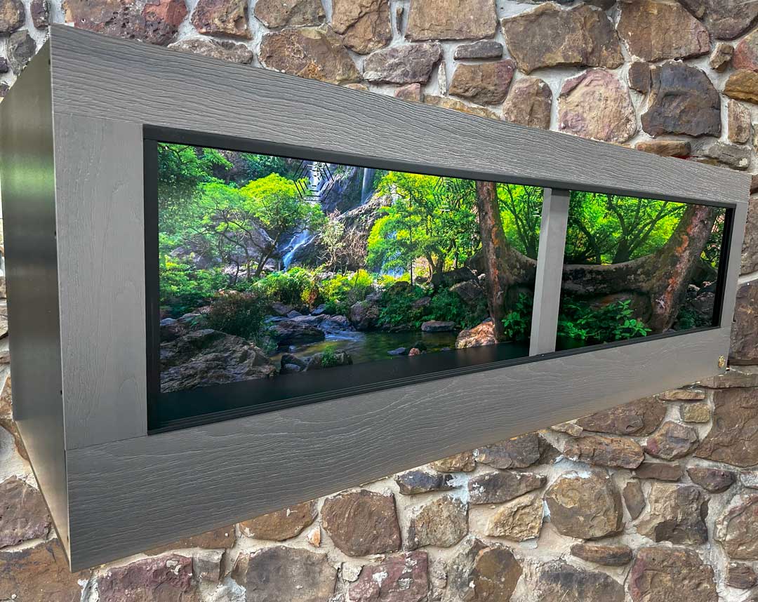 6x2x2 Toad Ranch Reptile Enclosure. Driftwood HDPE Front Frame, Black PVC Body Panels  with beautiful Destination Reptile Cage Background