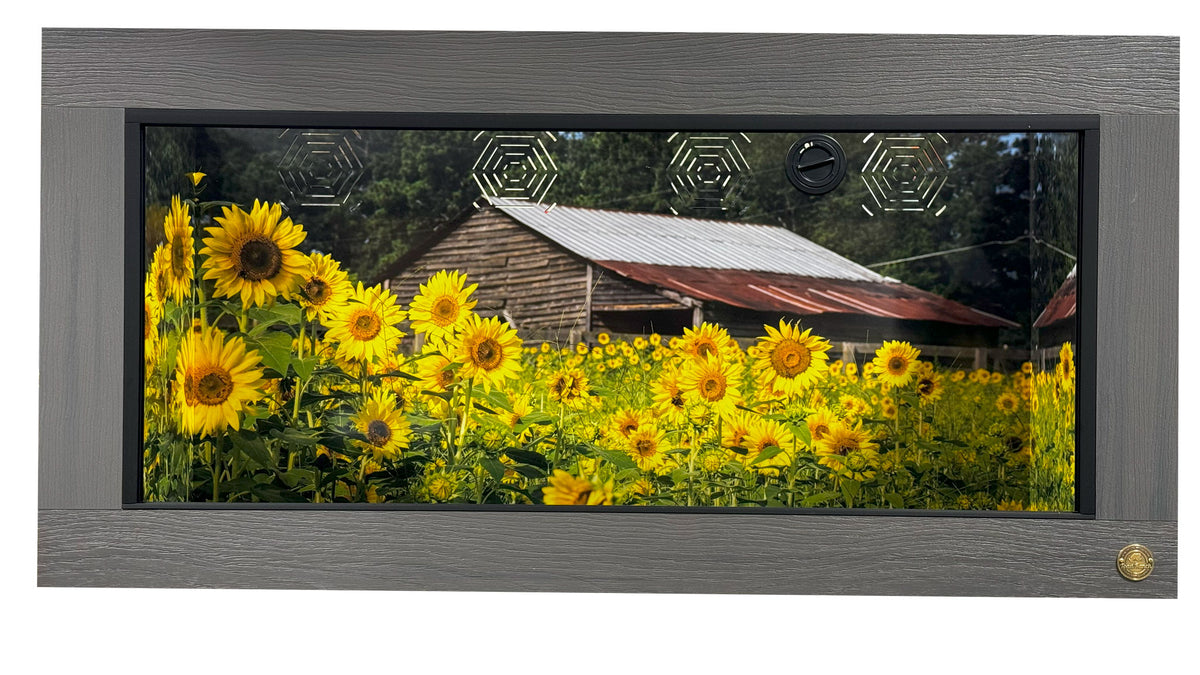 Reptile enclosure background with weathered barn and sunflower fields.