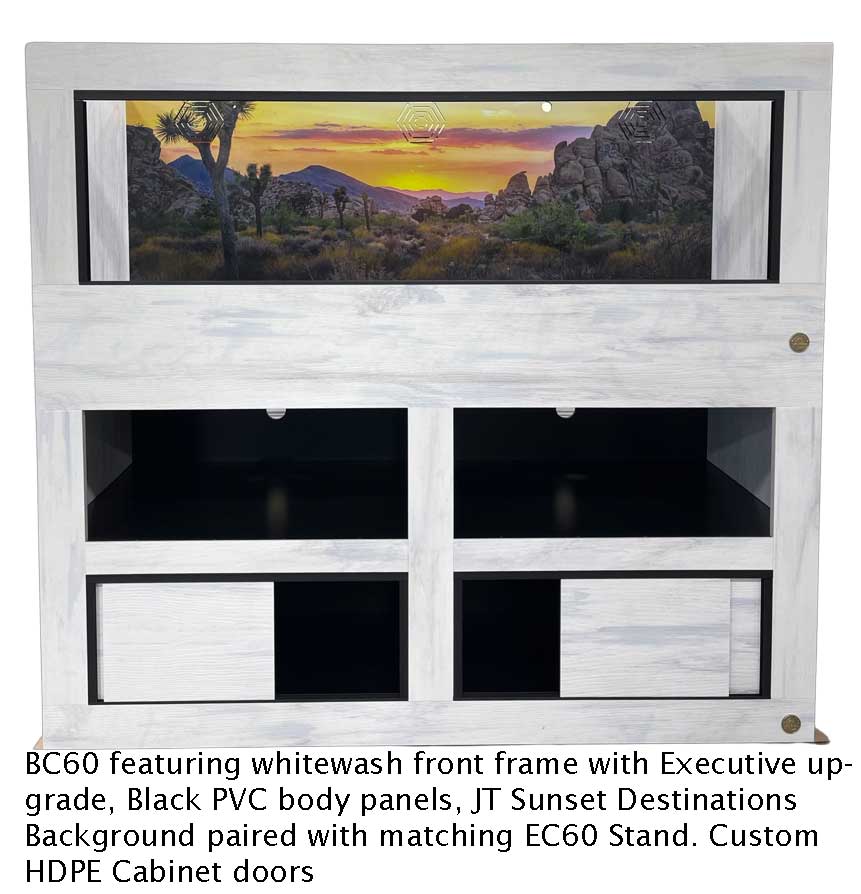 5-foot reptile cage featuring whitewash front frame with Executive upgrade, Black PVC Body Panels, featuring JT  sunset Destination reptile cage background 