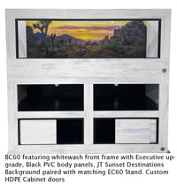 5-foot reptile cage featuring whitewash front frame with Executive upgrade, Black PVC Body Panels, featuring JT  sunset Destination reptile cage background