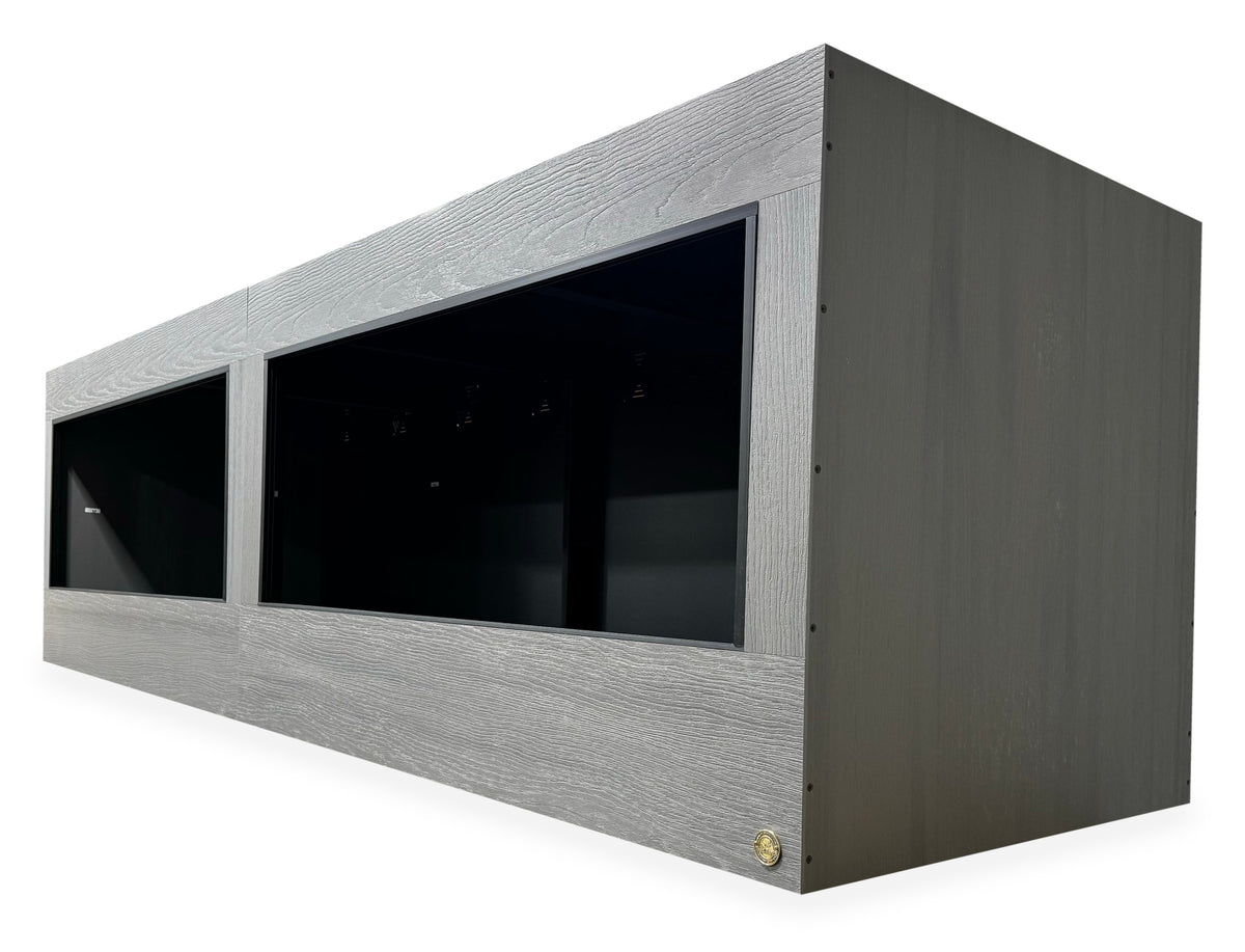 10'x3'x3' two-section reptile enclosure with Driftwood gray woodgrain HDPE front frame and black PVC body. Options shown: Executive Upgrade HDPE side panels and 10-inch lower frame.