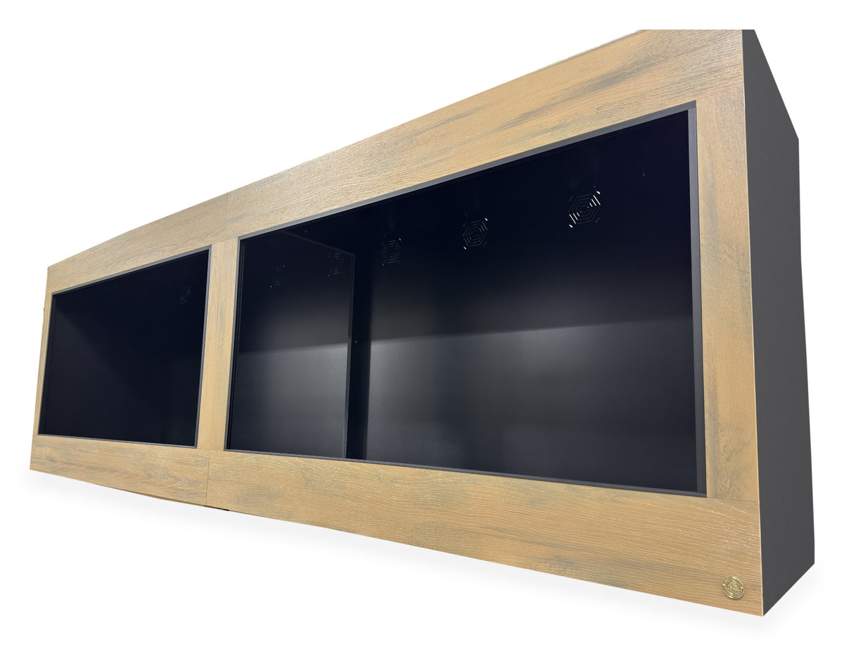 12'x2.5'x4' two-section reptile enclosure with Teak woodgrain HDPE front frame and black PVC body, shown before the glass doors are installed.