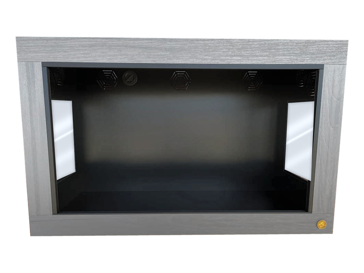 4x2x2.5 reptile enclosure, 48x24x30, Driftwood 3/4" HDPE front frame with Lookout Windows resized to fit upper side vents