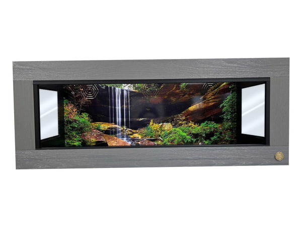 4x2x19 reptile enclosure, 48x24x19, Driftwood 3/4" HDPE front frame with Lookout Windows on both sides and printed waterfall background