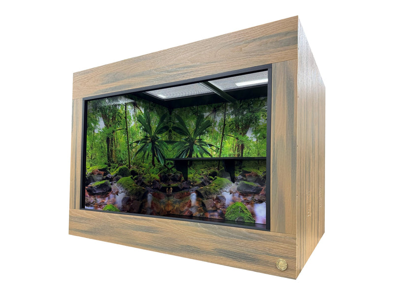 4x3x3 reptile enclosure, 48x36x36, Teak 3/4" HDPE front frame with sliding tempered glass doors and rainforest Destination Background
