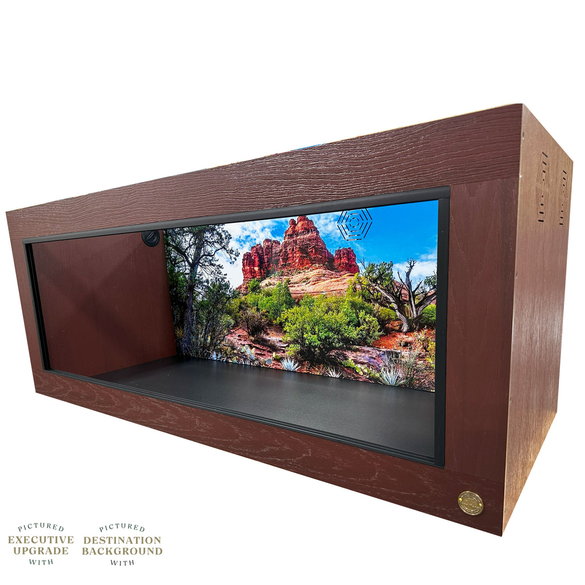 Top quality reptile habitat, featuring mahogany front frame with Executive Upgrade and Destination Background