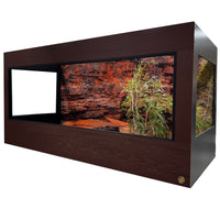 Toad Ranch enclosure featuring Mahogany front frame, black PVC body panels, lookout windows and a Destination Background. 