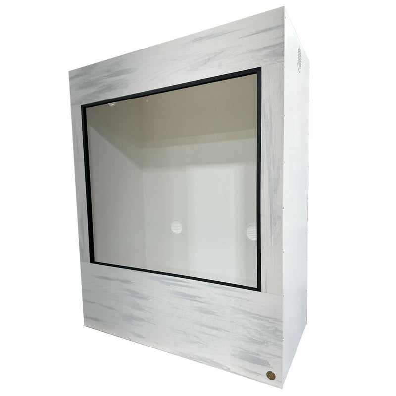 48x30x60" LxWxH reptile habitat. Featured in whitewash front frame paired with 1/2" thick white PVC body panels.