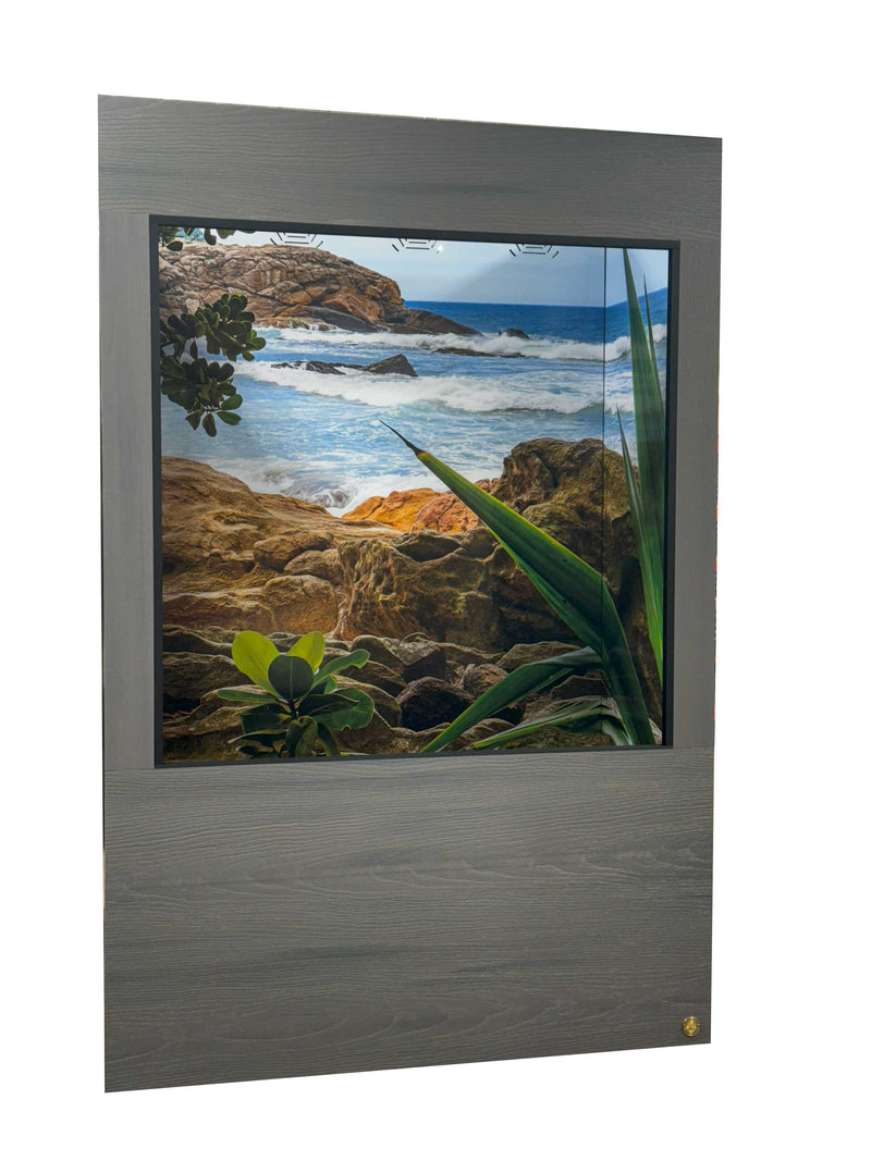 4x2x6' reptile enclosure. Featuring Driftwood front frame & paired with a beautiful beach Destination Background.