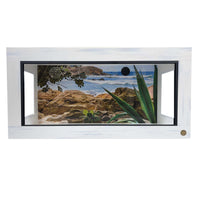 4' Reptile Enclosure with a tropical background, featuring whitewash front frame.  3.5" Lower Frame for optimum viewing.