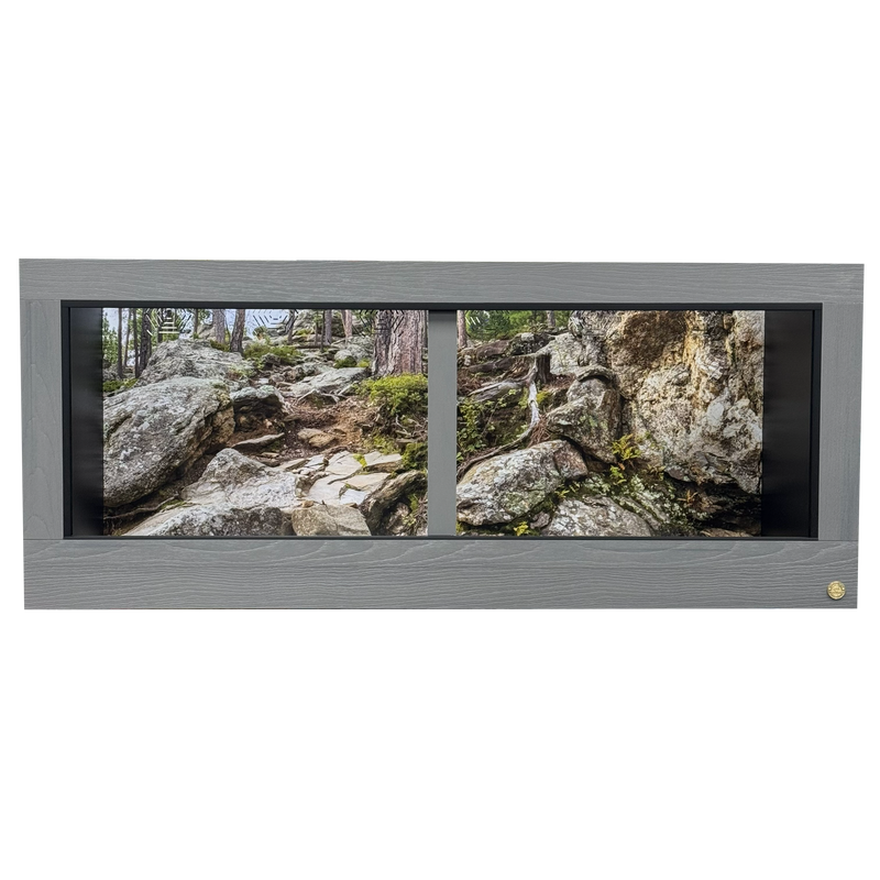 Mount Rushmore Destination background installed in a 72"x36"x30" reptile enclosure with Driftwood HDPE front frame