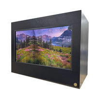 4x2x3' Reptile Enclosure featuring HDPE Black Dragon Front Frame paired with black PVC body panels. Showcased with Montana Glacier National Park background.