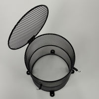 Heat lamp safety cage with the hinged bottom access door open for bulb changes