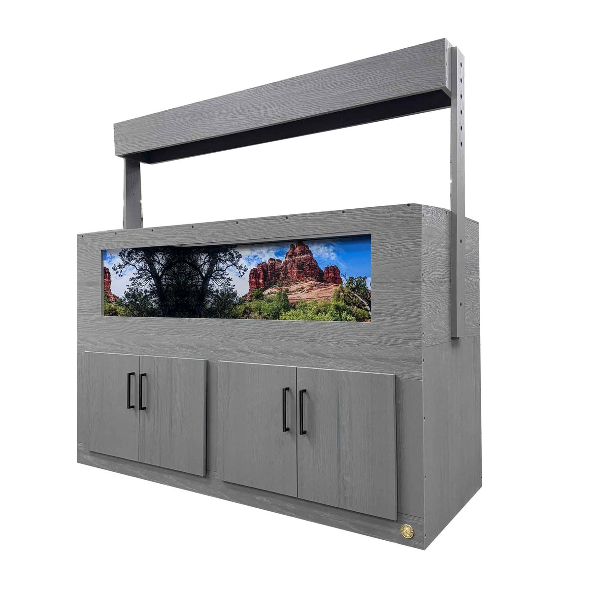 tortoise table paired with front viewing window, destination background, cabinet stand and canopy hood