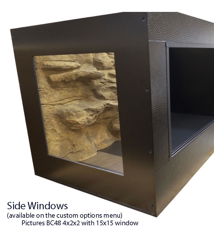 custom reptile enclosure featuring side windows and universal rock background